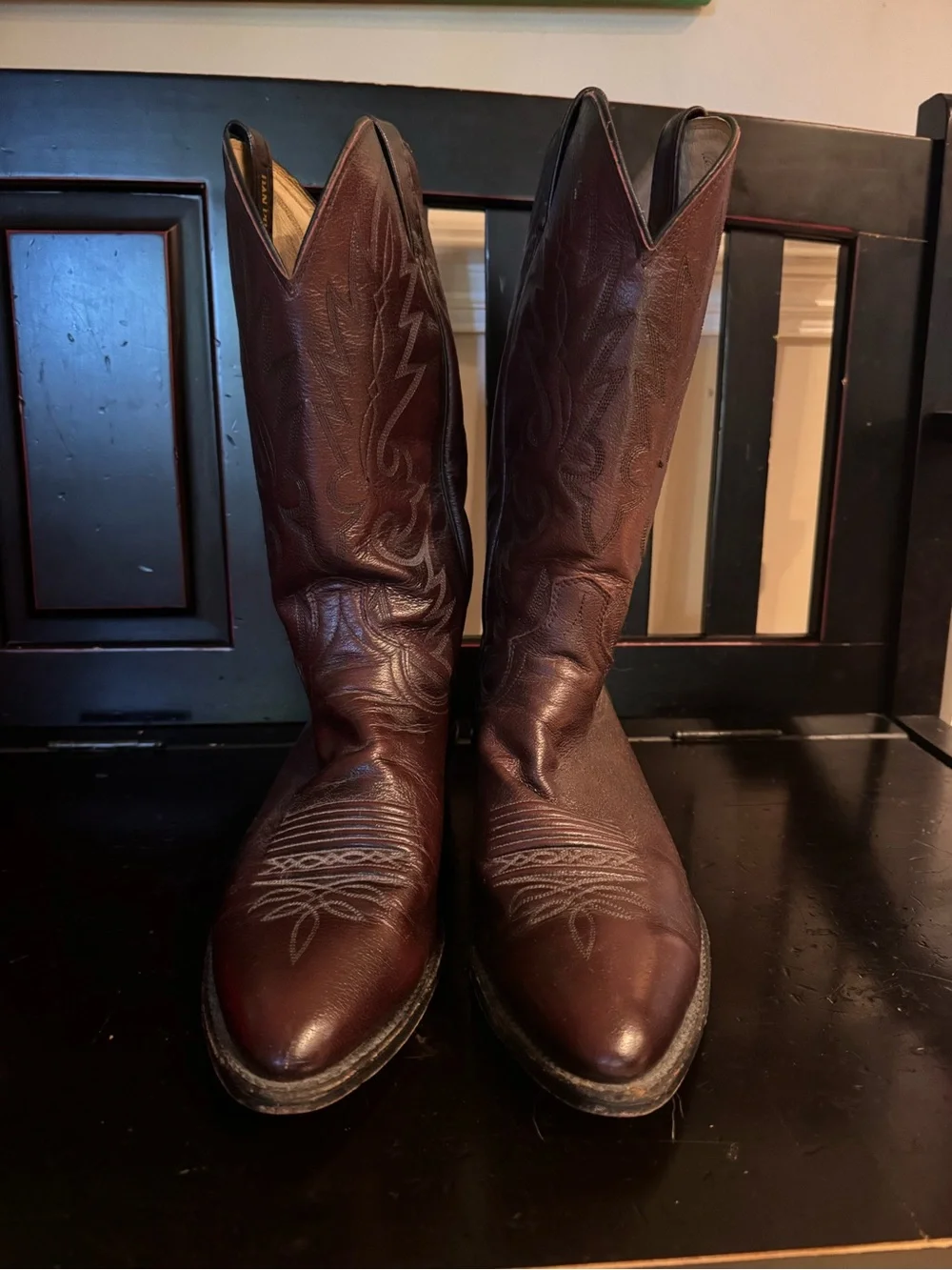 Vintage Dan Post Mens Black Cherry Leather Cowboy Boots USA Size 10 EW 16773